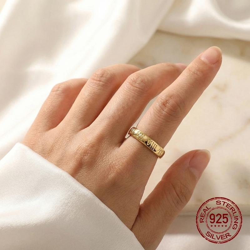 925 Sterling Silver Roman Numeral Open Cuff Ring Adjustable Minimalist Vintage Design Dainty Stackable Jewelry Gift for Women