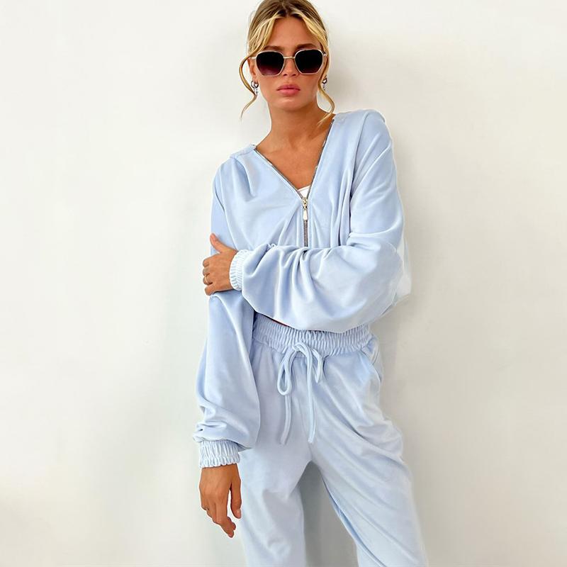 Женский комплект одежды осень-зима 2024 года, модный комплект из двух предметов: толстовка с капюшоном на молнии и завязками, спортивный костюм, брюки, однотонный комплект из двух предметов