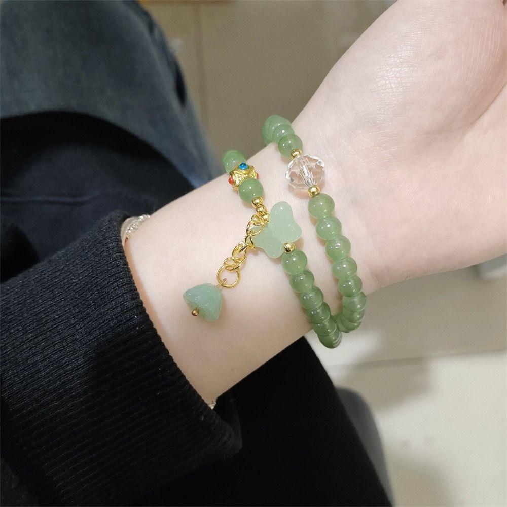 Glass Bead Double-layer Bracelet Green Hand Chain Classic Beaded Bracelet  Daily Wear