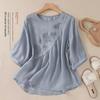 Summer Retro Embroidered Cotton-Linen T-Shirt: Solid Color, Loose Fit, Round Neck