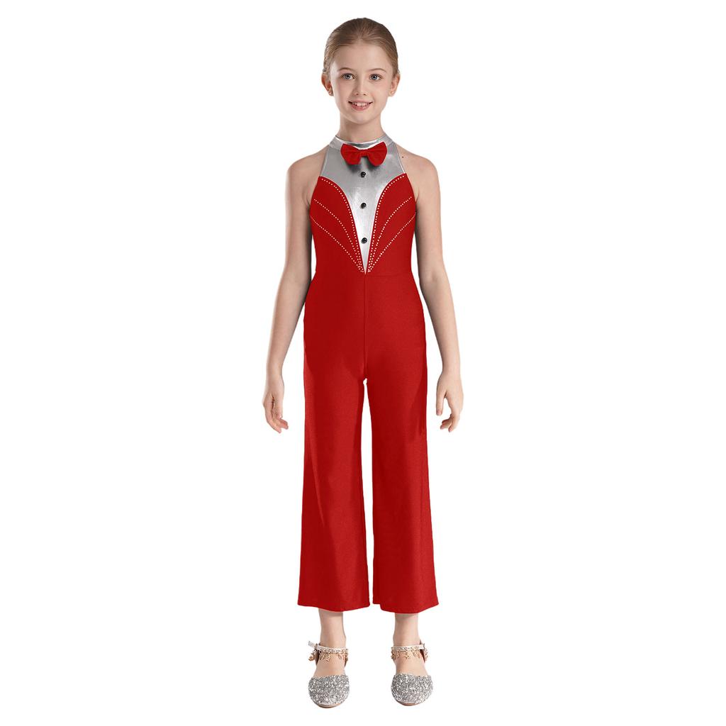 Kids Girls Sparkly Dance Jumpsuit Metallic Patchwork Rhinestone Color Block Design Sleeveless Stage Wear