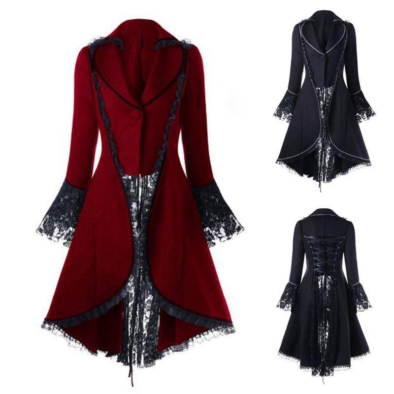 Women's Victorian Style Long Sleeve Coat Dress With Turn-down Collar And Button Opening Front