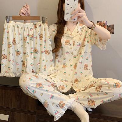 Женская летняя пижама из имитации хлопка, мультяшный комплект из трех предметов с коротким рукавом, летняя тонкая удобная домашняя одежда