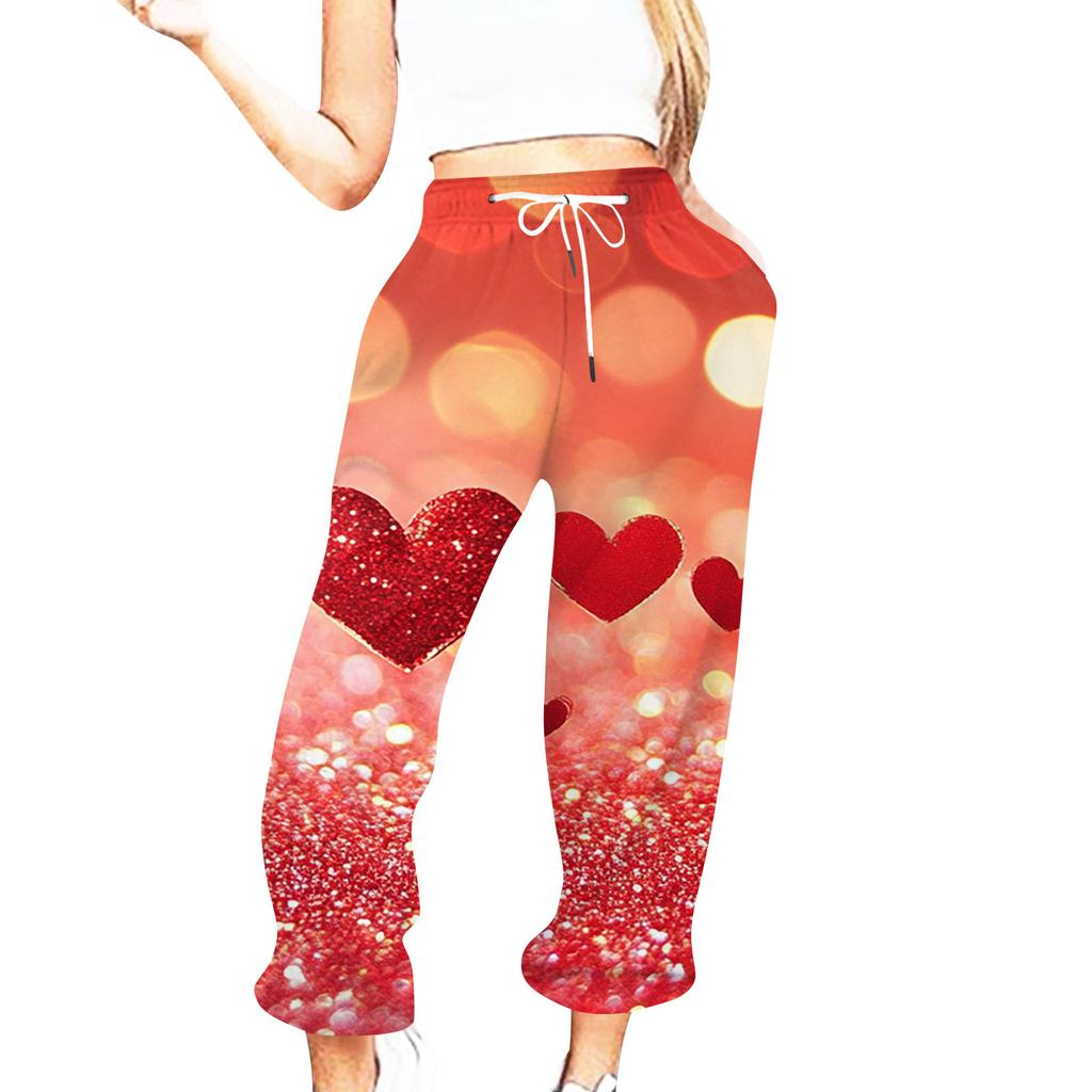 Женская повседневная мода День святого Валентина Повседневные брюки с принтом Спортивные брюки Брюки с эластичной резинкой на талии со шнурком Брюки со шнурком
