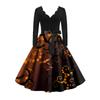 Женское винтажное классическое платье с вырезом на талии и галстуком-бабочкой с длинными рукавами на Хэллоуин с принтом и V-образным вырезом, свободное платье