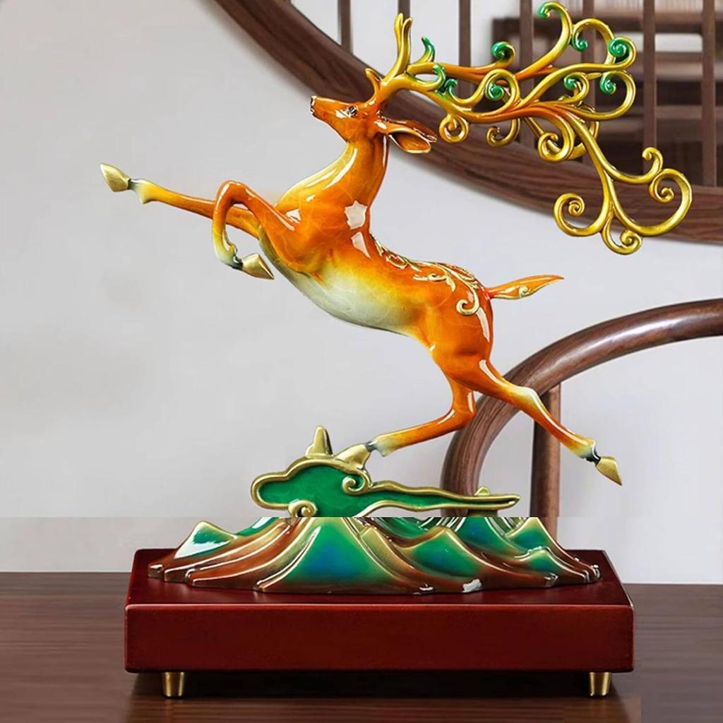 Aris & Juno Hand-Painted Copper Fortune Deer Sculpture with Wood Base, Traditional Chinese Lu Blessing Statue, Feng Shui Office Desk Home Longevity &