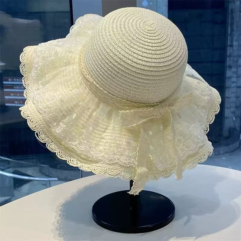Кружевная соломенная шляпа, Женская, Летняя с широкими полями, Для улицы, Защита от УФ-лучей, Плетеная из соломы, Солнечная шляпа, Пляжная шляпа у моря