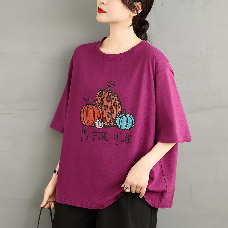 Dimanaf 2025 Женская новая летняя свободная футболка с принтом больших размеров с короткими рукавами из хлопка в винтажном стиле, футболки макси