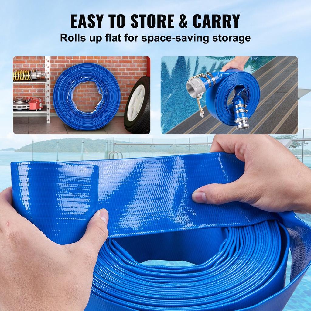 Backwash Hose, 2 in x 50 ft, Heavy-Duty PVC Flat Pool Discharge Hose with Aluminum Camlock C & E Fittings, Clamps, Compatible with Pumps, Sand
