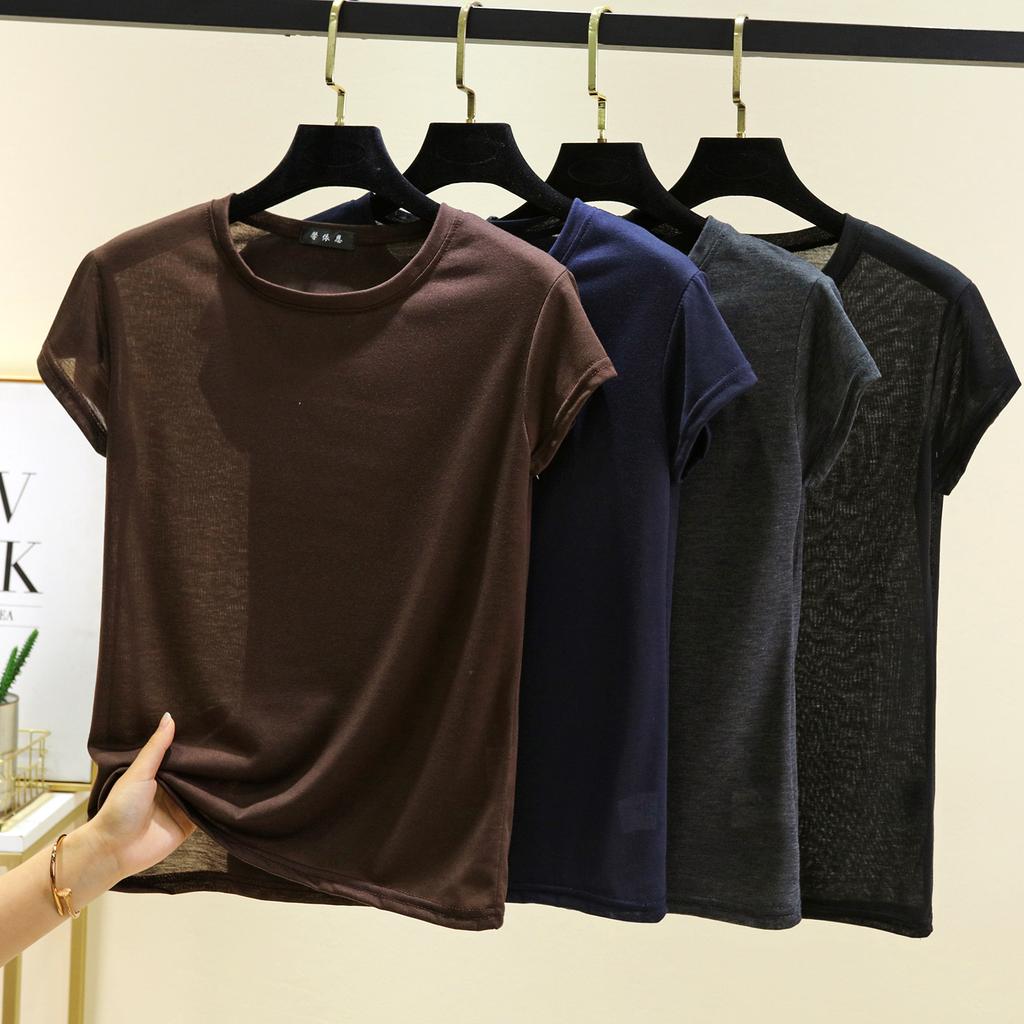 O-Neck Short Sleeve Tshirts Slim Fit Solid Color Summer Thin T-shirt Woman Bottomed Tee Tops All Match