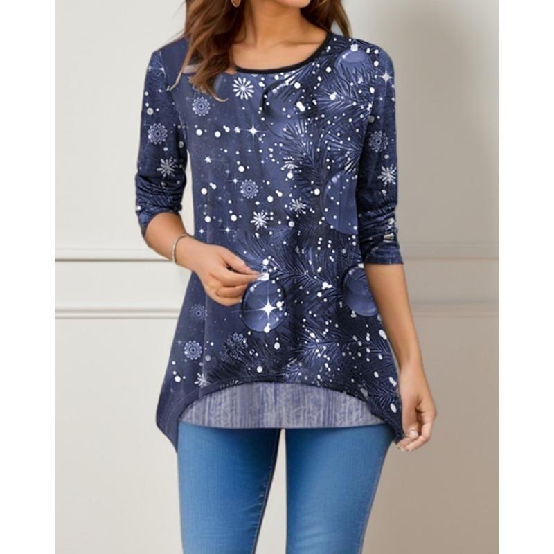 Женская мода повседневная весна осень рождественская принт длинный рукав блузки и рубашки с круглым вырезом
