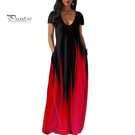 Women Maxi Dress with Pockets V Neck Short Sleeves Gradient Contrast Colors A-line Full Length Dress for Daily Party Dating