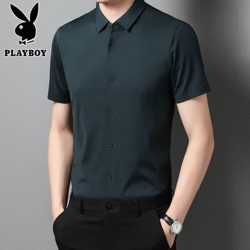 PLAYBOY Мужская деловая рубашка с коротким рукавом из ледяного шелка, не мнущаяся