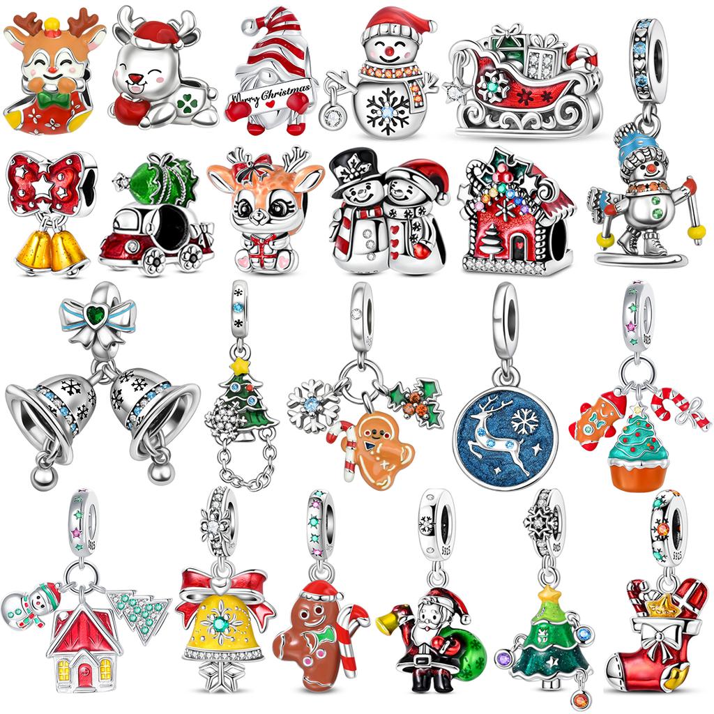 Christmas Charms 925 Silver Santa Claus Snowman Bell Moose Sled Pendant Metal Beads Cute Necklaces DIY Jewelry Gif