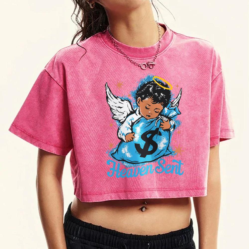 Мальчик-ангел, который прислал деньги, Женские выстиранные футболки с принтом, Кроп-топ, Уличные футболки, Модная хлопковая футболка