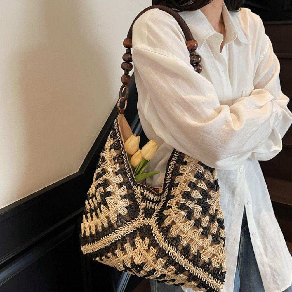 Tote Bag Straw Woven Bag Beach Handbag Hollow Shoulder Bag Trendy Bohemian Beach Bag Holiday