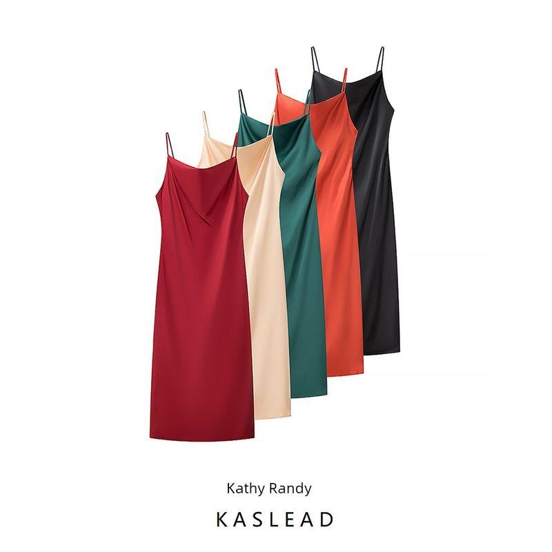 Kaslead New Arrival Women's Clothing Fashion Style Fashion Minimalist Multi-Color Satin Mid Length Long Length Sling Dress