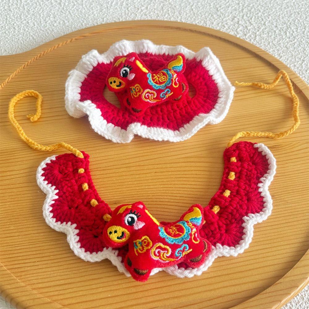 Cartoon Chinese Style Pet Scarf Zodiac Horse Design Adjustable New Year Cat Headwear Elastic Red Cat Collar Festive Decorations