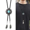 Men's Rodeos Western Leather Cord Bolo Tie Antique Floral Stone Jewelry Cowboy Necktie Necklace with Feathered Pendant