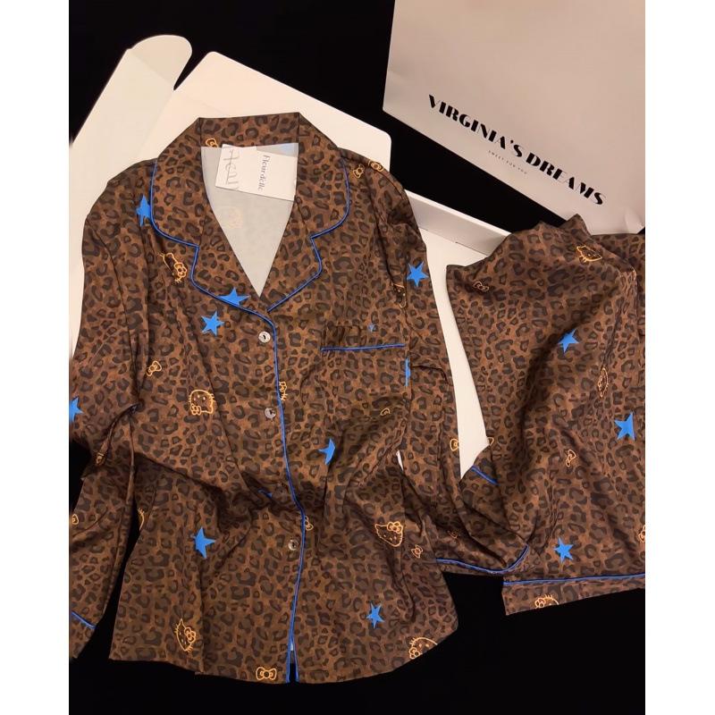1011 New Black Leather Leopard Print Ice Silk Pajamas for Women, Kitty Cat Thin Casual Long Sleeve Long Pants Loungewear Set