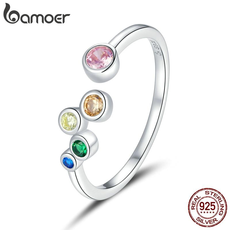 BAMOER 925 Sterling Silver Romance Colorful Bubbles Rings, Women Multicolor Zircon Resizable Rings