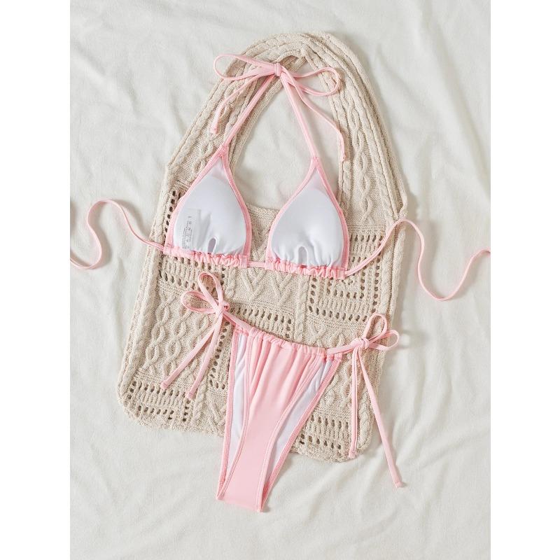 Pink 3D Flower Two Piece Swimsuit Sexy Halter Bandage Push Up Tie Side Thong Bikini 2025 Summer Bathing Suit Vacation Swimwear