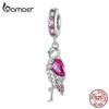 BAMOER 925 Sterling Silver Rosy Zircon Flamingo Hanging Bead for Women Bracelet and Necklace Beads DIY Platinum Plated Jewelry