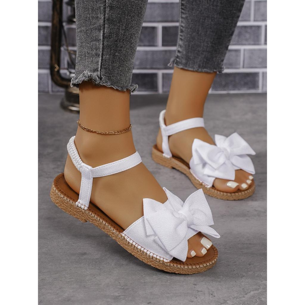 Летняя Модная Обувь на Плоской Подошве с Бантом Спереди Большого Размера, для Женщин Для Ношения На Улице, для Пляжного Отдыха и Повседневной Носки