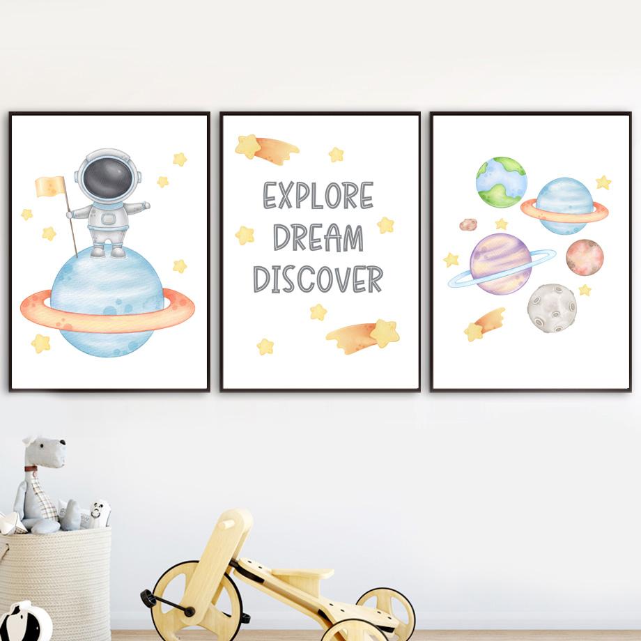 Космический астронавт, ракета, планета, солнечная система, космический корабль, детская настенная живопись, холст, картина, плакат, настенные панно, декор для детской комнаты