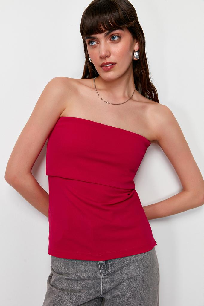 Women's Fashion New Blouse Green Strapless Collar Side Zipper Crepe Knitted Blouse