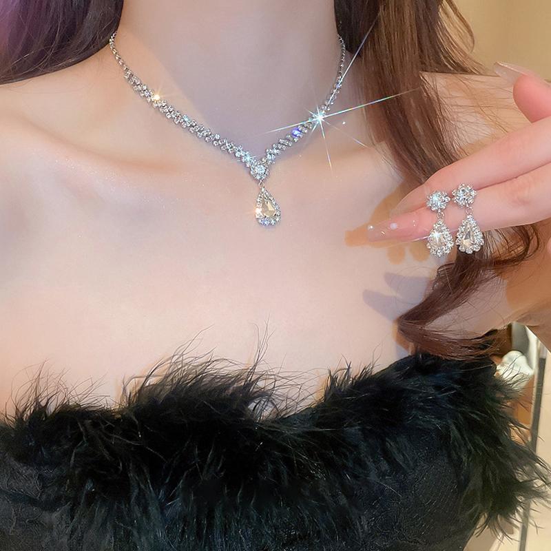 Fashion Simple Water Drop Crystal Rhinestone Necklace Earrings For Women Wedding Bride Light Luxury Jewelry Sets Accessories