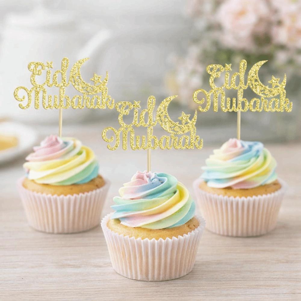 24PCS Decorative Cake Decorative Toppers Glitter Gold Ramadan Mubarak Cupcake Topper Eid Mubarak Cake Decor Cake Decorating
