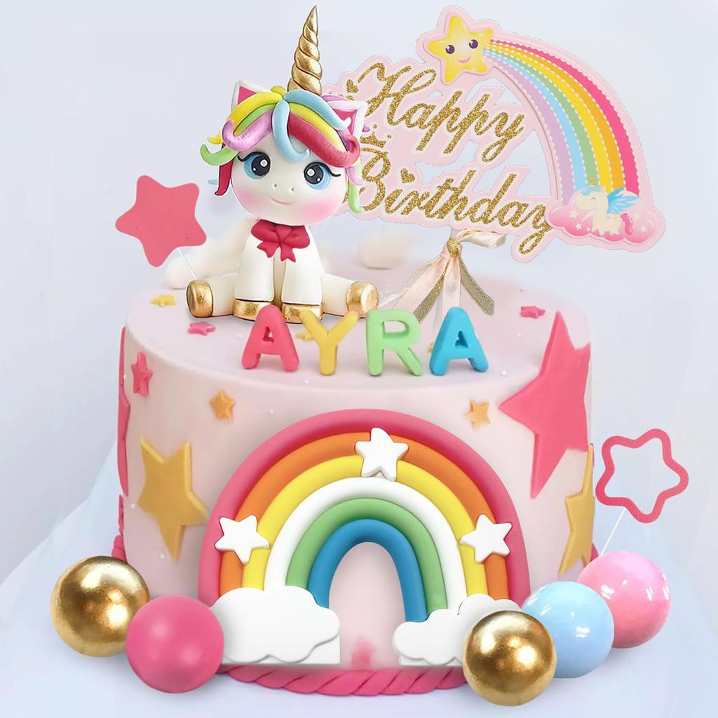 25PCS Unicorn Rainbow Cake Decorations with Rainbow Stars Unicorn Balls for Boys Girls Kids Birthday Party Baby Shower Supplies