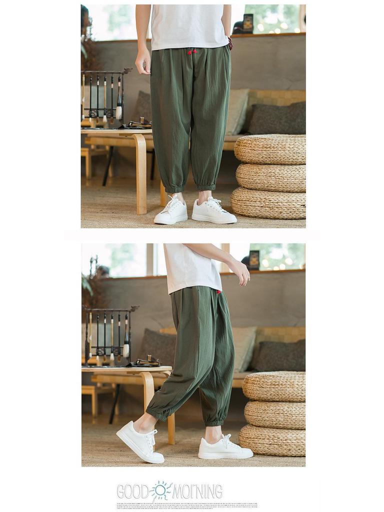 2024 Men's Summer Loose Nine-Point Cotton Linen Pants - Japanese Style, Large Size, Solid Color