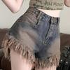 Spicy Girl Retro High Waisted Fringed Denim Shorts for Women In Summer A-line Distressed Hip Hugging Wide Leg Hot Pants
