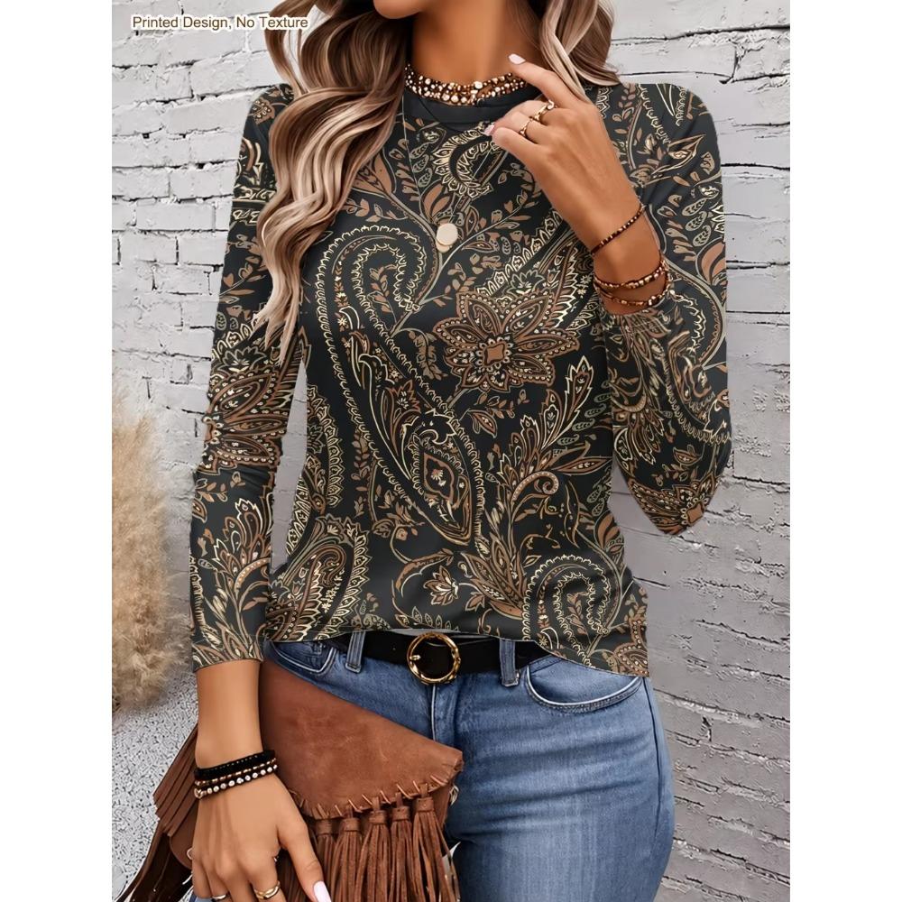 Women's T-Shirts Spring Autumn Bohemian Style Fashion Casual Vintage Pattern Female Long Sleeve T-Shirt Loose Womens Clothing