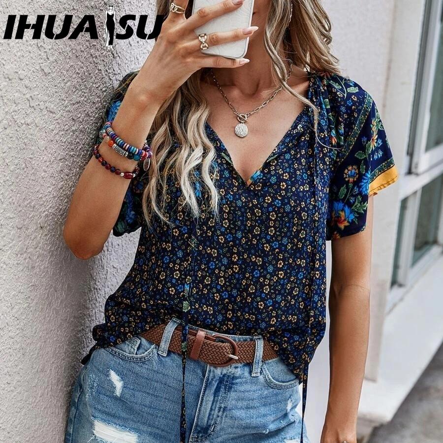 IHUASU Women's Summer Casual Style Print V-neck Short-sleeved Loose Shirt