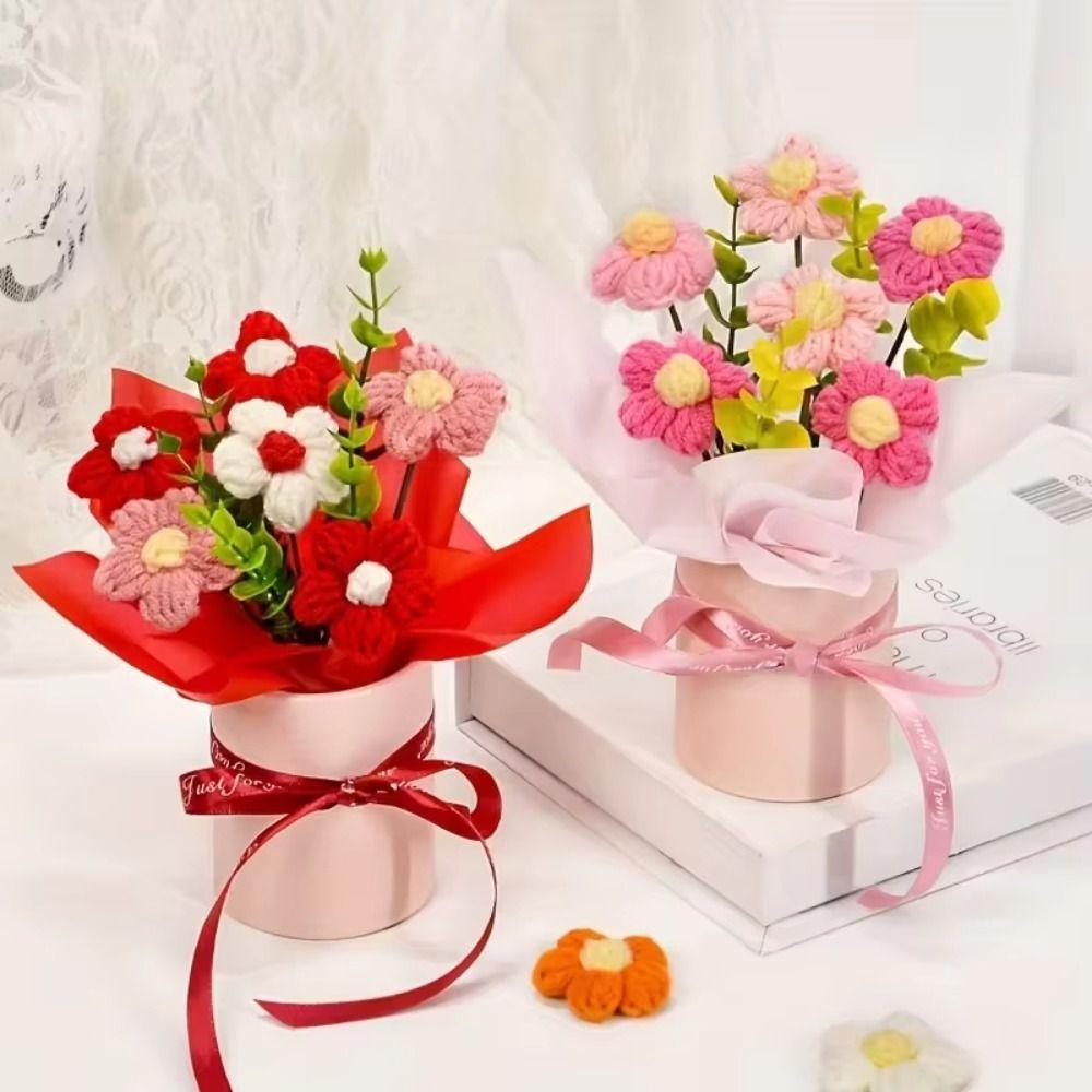 Finished Crochet Flowers Bouquet Cream Puffs Flower Handmade Artificial Flowers Decor Knitted Flower Bouquet