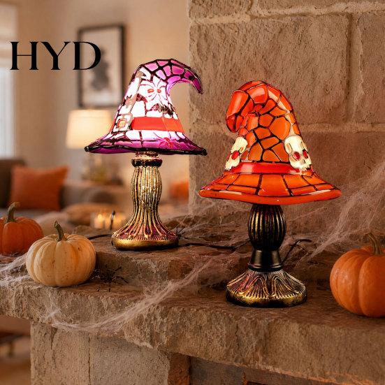 Energy Saving USB Lamp Halloween Witch Hat Table Lamp, Stained Glass Resin Vintage Gothic Wizard Decorative Night Light for Home, Bedroom