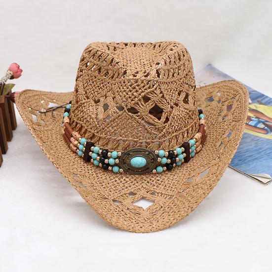 Hat with Decorative Bands Hollow Ultralight Breathable Design Cowgirl Woven Sun