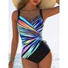 Women'S Fashionable Striped Polyester Swimsuit with Elastane, High Stretch Sports Swimwear, Knit Fabric Sleeveless Monokini with Cross Front Detail