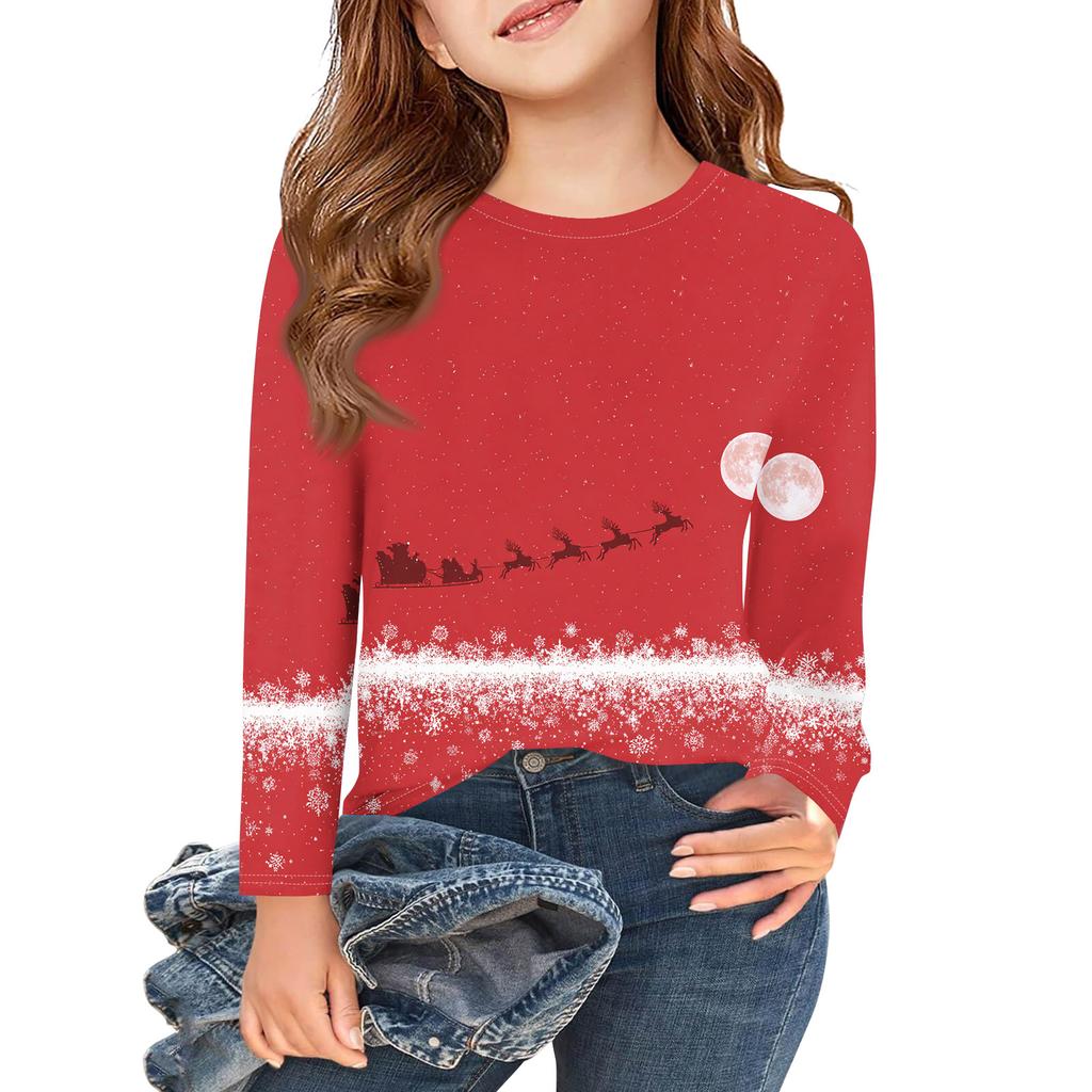 Рождественские футболки с длинным рукавом для девочек, детские осенние топы с круглым вырезом и принтом, базовые футболки