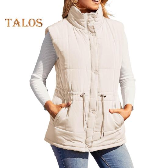 Winter Women Vest Coat Thickened Padded Button Closure Stand Up Collar Sleeveless Solid Color Drawstring Tight Waist Windproof Heat Retention Outdoor