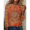 Plus Size Boho T-shirt, Women's Plus Damask Print Long Sleeve Round Neck Slight Stretch T-shirt