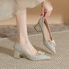 Sexy Elegant Bride Wedding Shoes Women Pumps Pointed Shallow Mouth Silver High Heels Fashion Beaded Shoes Square Heel
