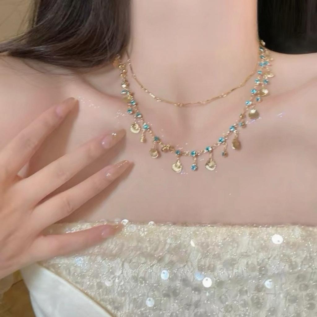 Dark zircon cross beaded necklace for women, long summer style neck chain, trendy and versatile collar chain, Instagram style