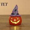 Handmade Ceramic Halloween Statue Tealight Holder, Lighted Ghost Pumpkin Figurine with Holiday Party Table Centerpiece Witch Hat, Tiered Tray Tabletop