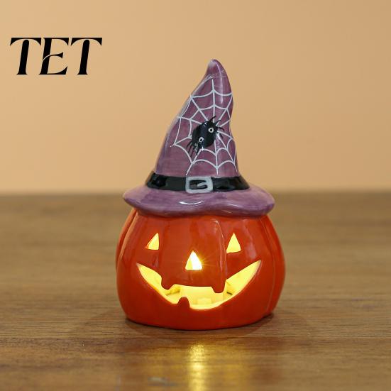 Handmade Ceramic Halloween Statue Tealight Holder, Lighted Ghost Pumpkin Figurine with Holiday Party Table Centerpiece Witch Hat, Tiered Tray Tabletop