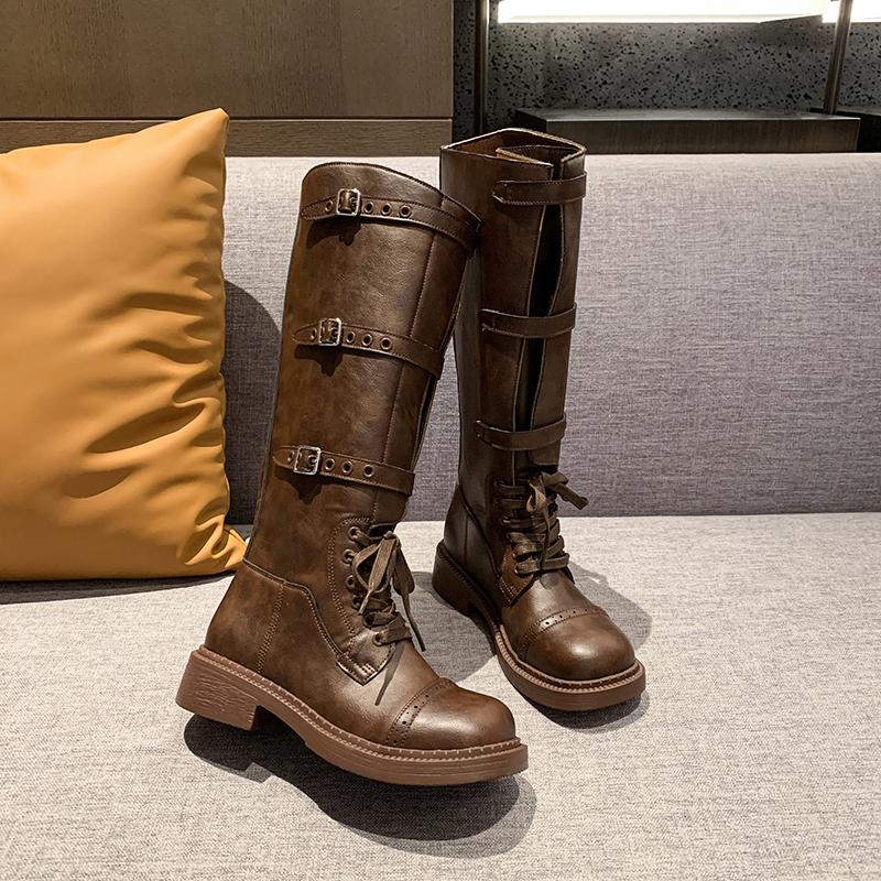 Ladies Shoes On Sale  High Quality Lace Up Women's Boots Winter Round Toe Keep Warm High Tube Chunky Heels Fashion Boots