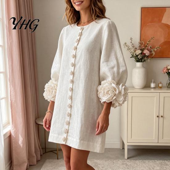 Loose Fit Dress 3D Flowers Long Sleeve for Women, Solid Color Mini Dress, Lantern Casual Short Fall Floral